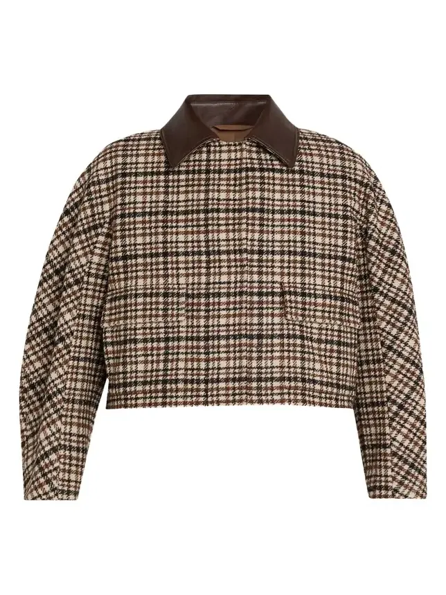 Leather-Collar Check Boxy Car Coat