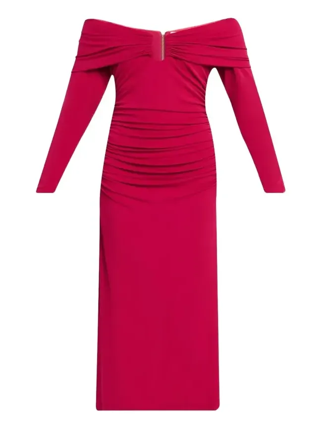 Off-The-Shoulder Long-Sleeve Ruched Jersey Midi Dress Off-The-Shoulder Long-Sleeve Ruched Jersey Midi Dress