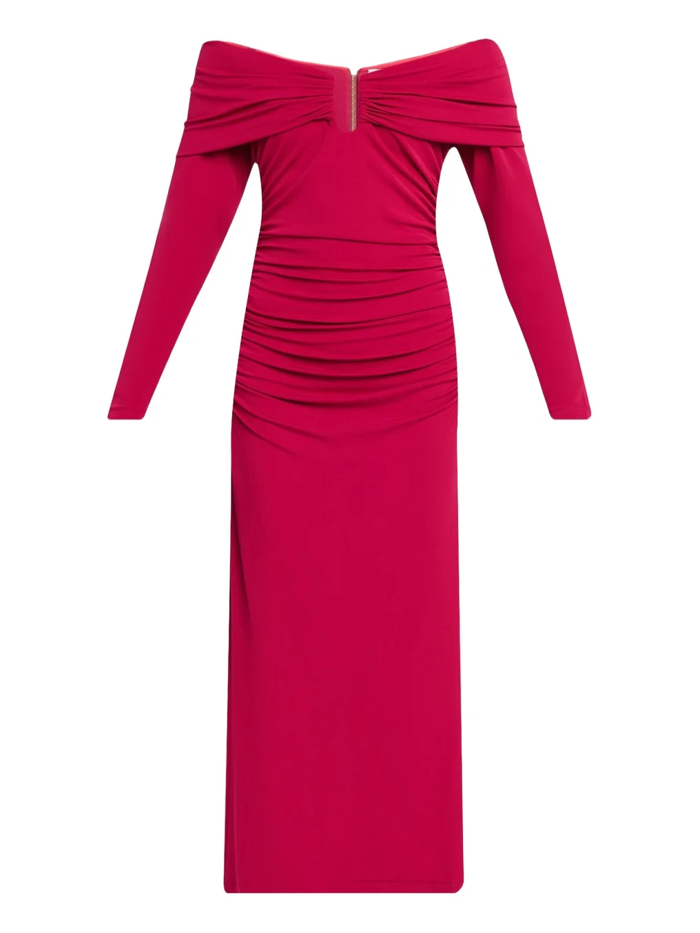Off-The-Shoulder Long-Sleeve Ruched Jersey Midi Dress
