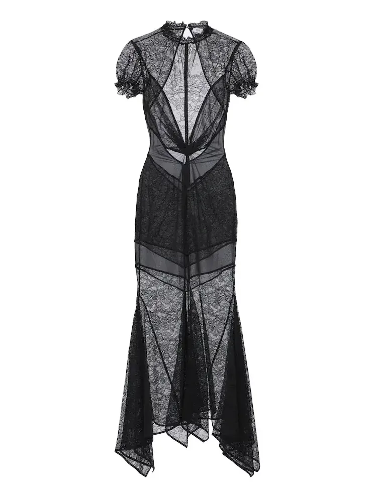Semi-sheer asymmetric lace midi dress