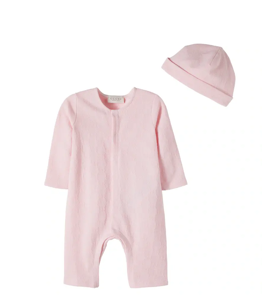 Gucci Kids Baby GG cotton piqué onesie and beanie set | Image 1 Gucci Kids Baby GG cotton piqué onesie and beanie set | Image 1