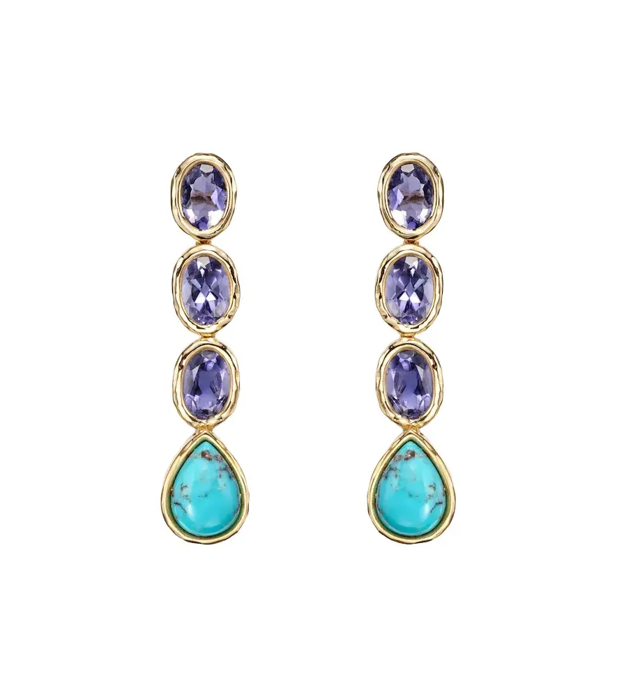 18kt gold drop earrings with iolite and turquoise