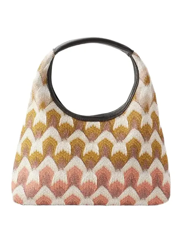 Leather-trimmed Metallic Crochet-knit Mini Tote