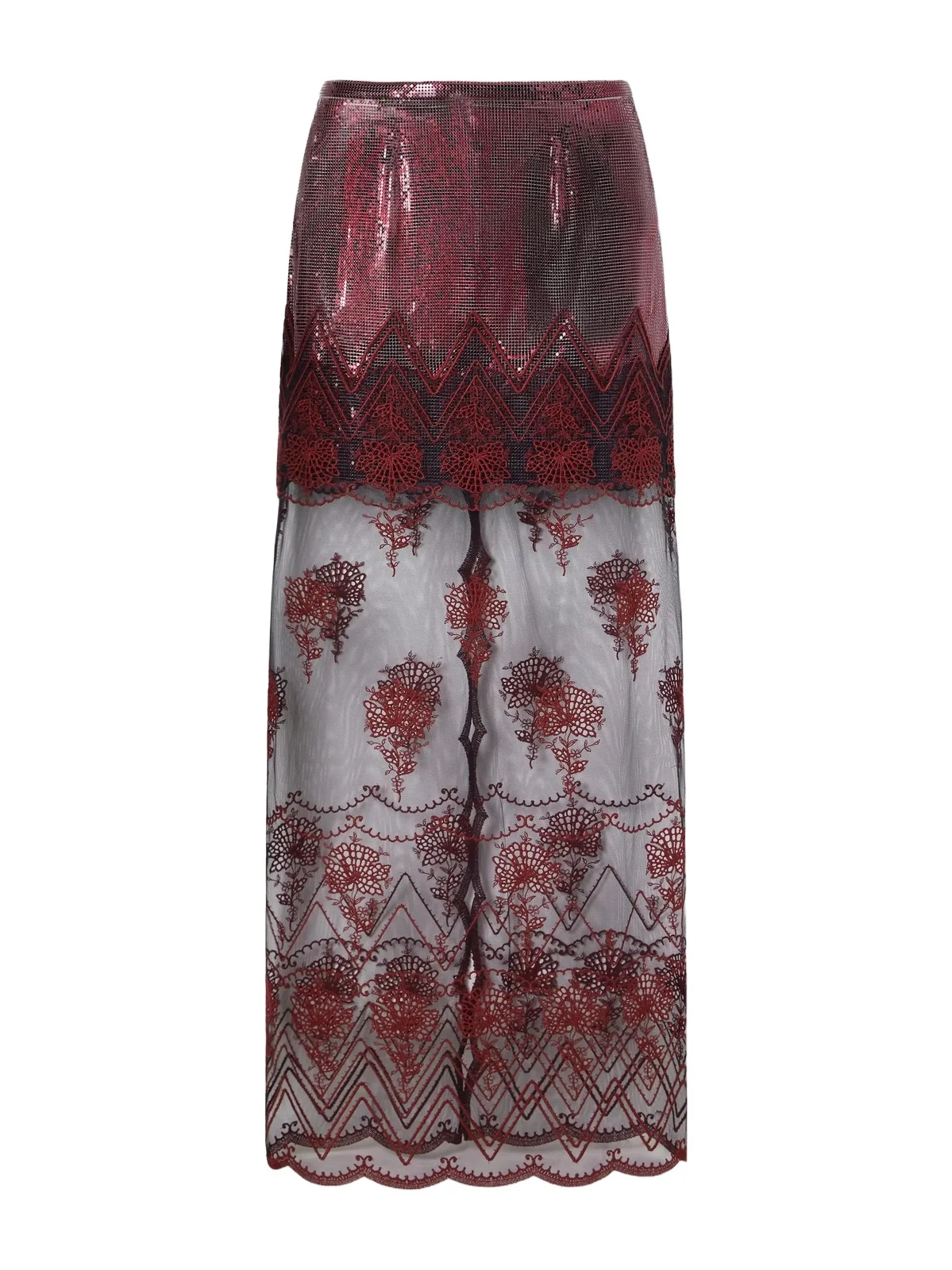 Layered Embroidered Mesh-trimmed Chainmail Maxi Skirt Layered Embroidered Mesh-trimmed Chainmail Maxi Skirt
