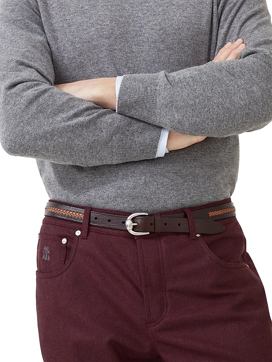 Brunello Cucinelli Men's Leather Braided Pattern Belt - Brown | Thumbnail 2 Brunello Cucinelli Men's Leather Braided Pattern Belt - Brown | Thumbnail 2