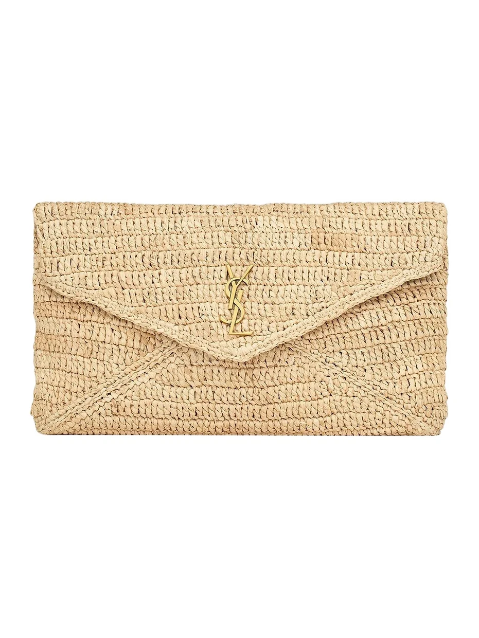 Saint Laurent Women's Cassandre Large Envelope Pouch in Raffia - Natural Brick