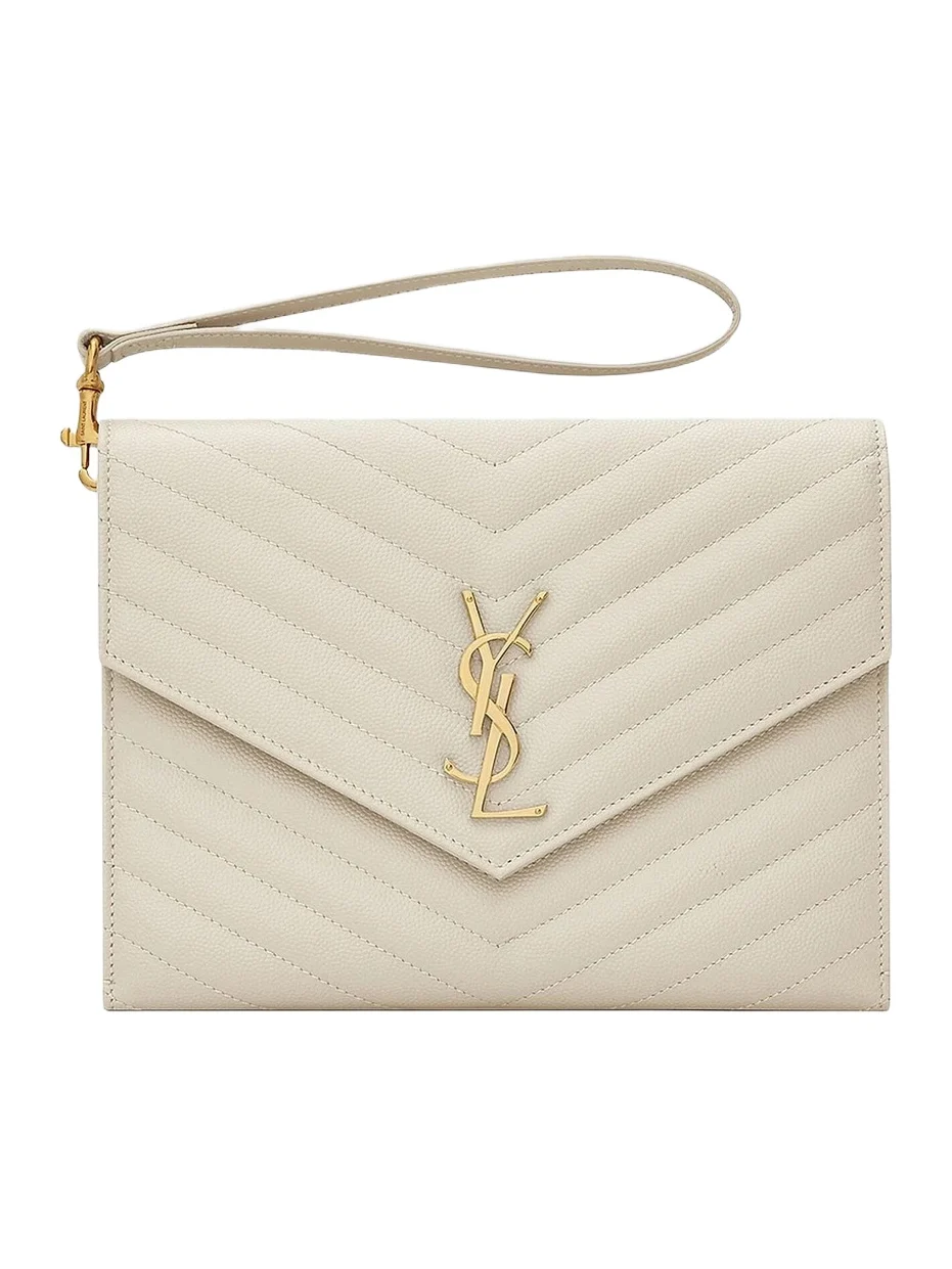 Saint Laurent Women's Cassandre Matelasse Flap Pouch in Quilted Grain De Poudre Embossed Leather