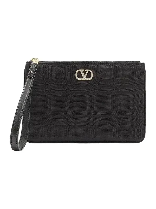 Women's VLogo Signature Clutch in Moiré Fabric with Jewel Logo - Black Women's VLogo Signature Clutch in Moiré Fabric with Jewel Logo - Black