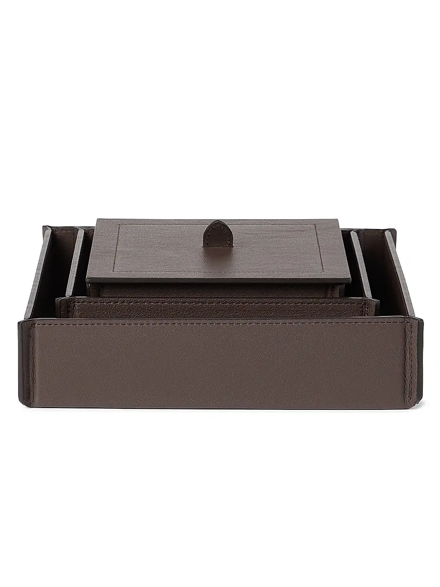 Brunello Cucinelli Trio of Leather Organizer Boxes with Lids - Cigar | Image 1 Brunello Cucinelli Trio of Leather Organizer Boxes with Lids - Cigar | Image 1