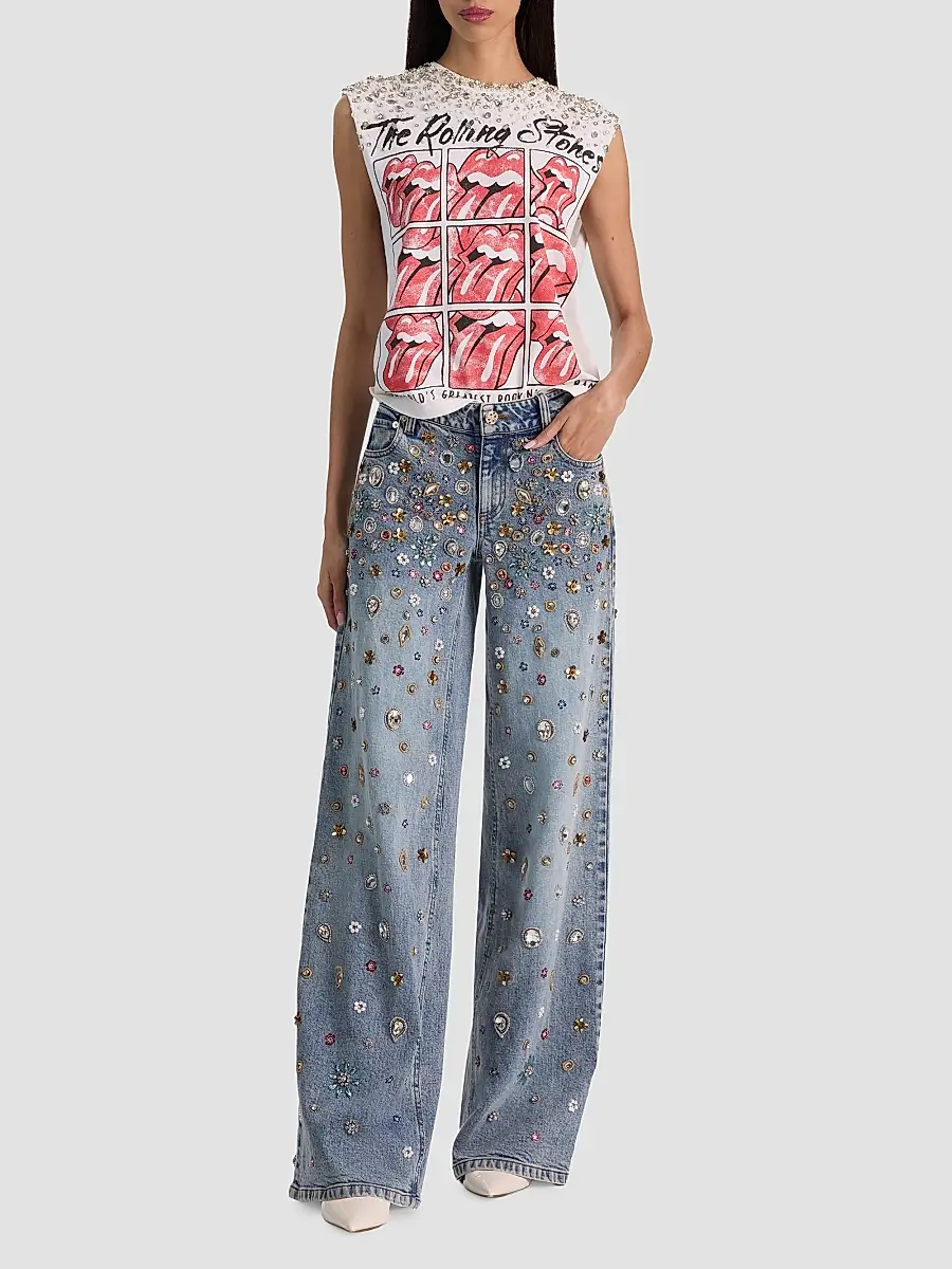 Alice + Olivia Women's Amazing Embellished Mid-Rise Baggy Jeans | Thumbnail 2