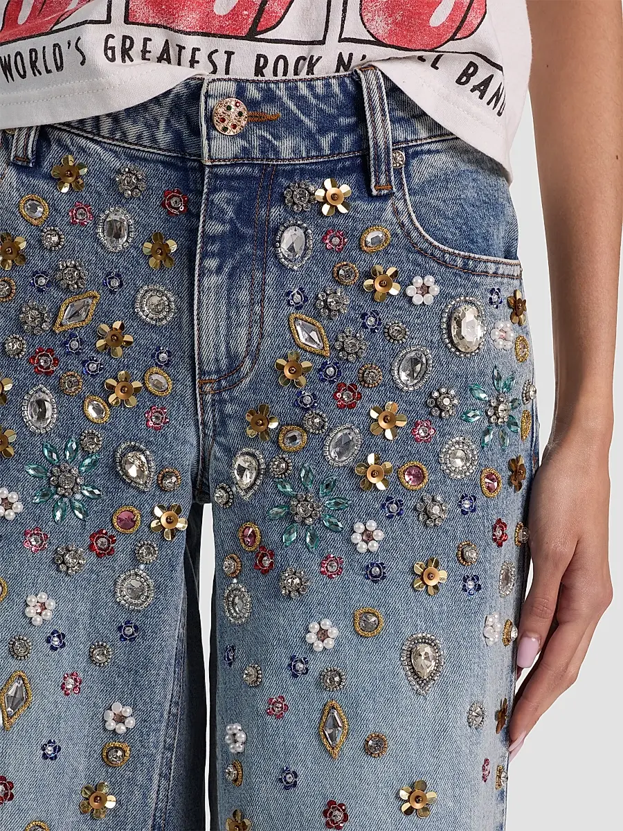 Alice + Olivia Women's Amazing Embellished Mid-Rise Baggy Jeans | Thumbnail 5