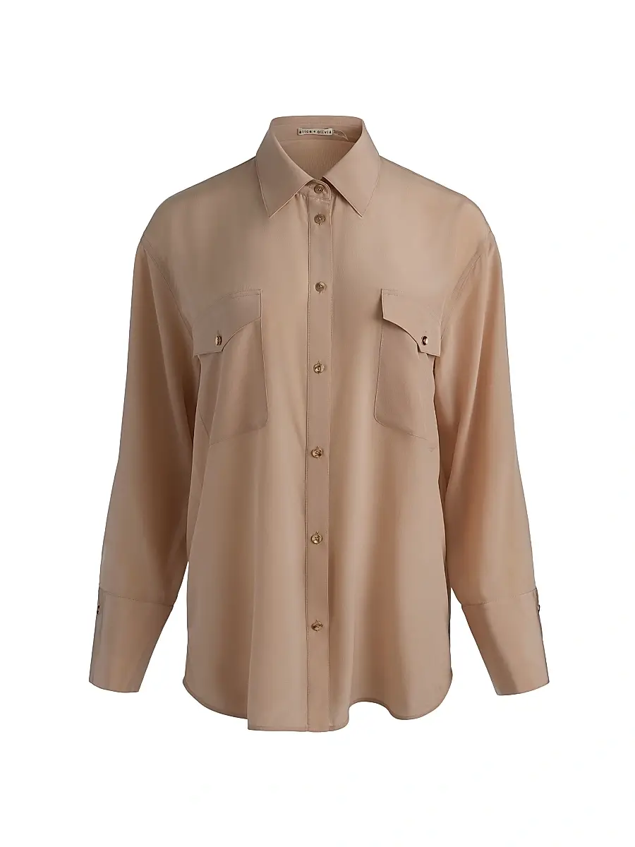 Alice + Olivia Women's Finely Silk Oversized Shirt - Sand | Image 1 Alice + Olivia Women's Finely Silk Oversized Shirt - Sand | Image 1