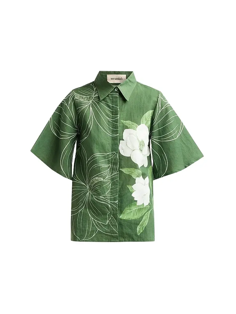 VERANDAH Women's Bejewelled Floral Bell Sleeve Shirt - Emerald Linear Magnolia | Image 1 VERANDAH Women's Bejewelled Floral Bell Sleeve Shirt - Emerald Linear Magnolia | Image 1
