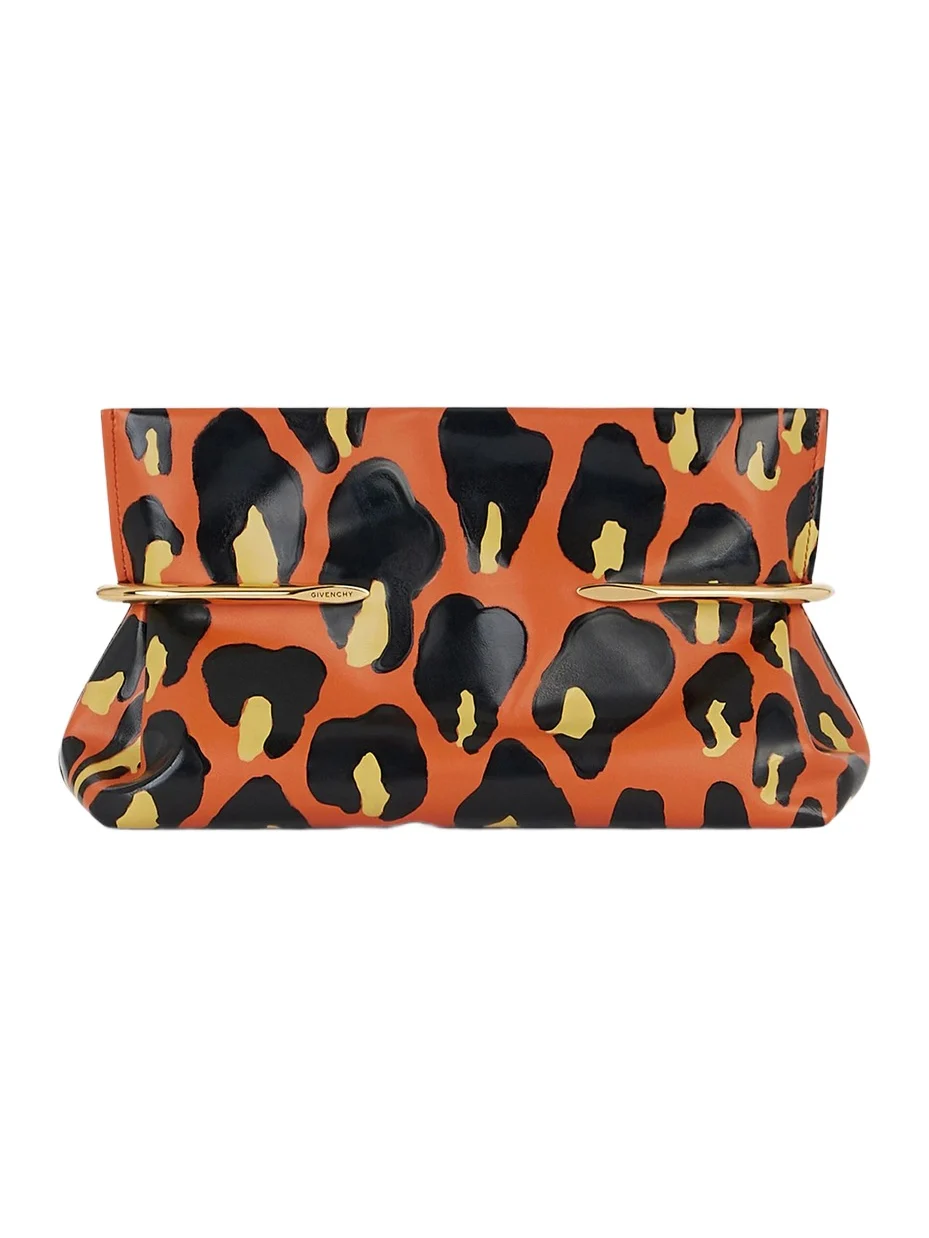 Women's Pinch Soft Clutch in Nappa Leather with Leopard Print - Black Orange Women's Pinch Soft Clutch in Nappa Leather with Leopard Print - Black Orange
