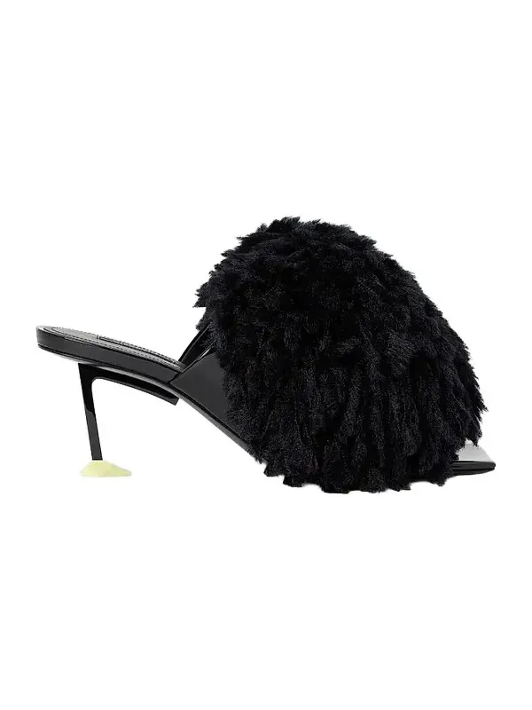 Women's Pompom Mules in Patent Leather and Knit - Black Women's Pompom Mules in Patent Leather and Knit - Black