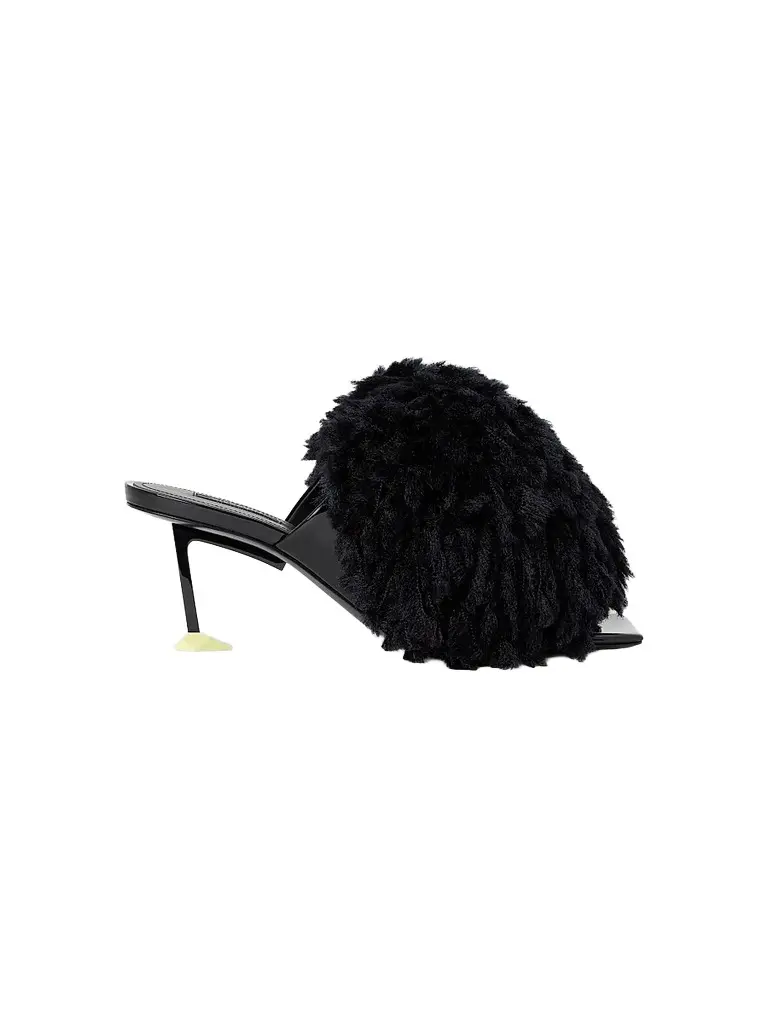 Women's Pompom Mules in Patent Leather and Knit - Black Women's Pompom Mules in Patent Leather and Knit - Black