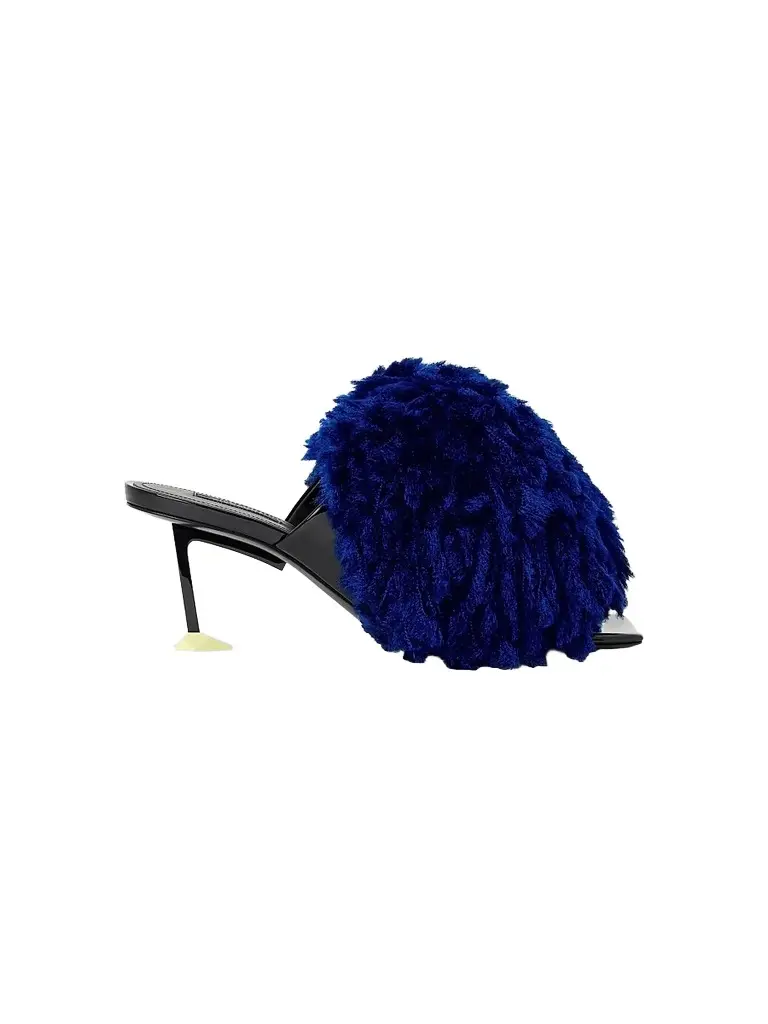 Women's Pompom Mules in Patent Leather and Knit - Saphir Blue Women's Pompom Mules in Patent Leather and Knit - Saphir Blue