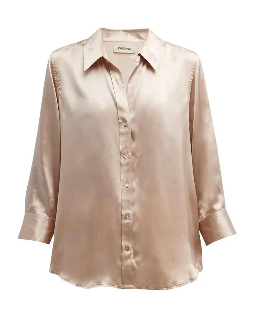 L'Agence Dani Silk Satin 3/4-Sleeve Button-Down Blouse