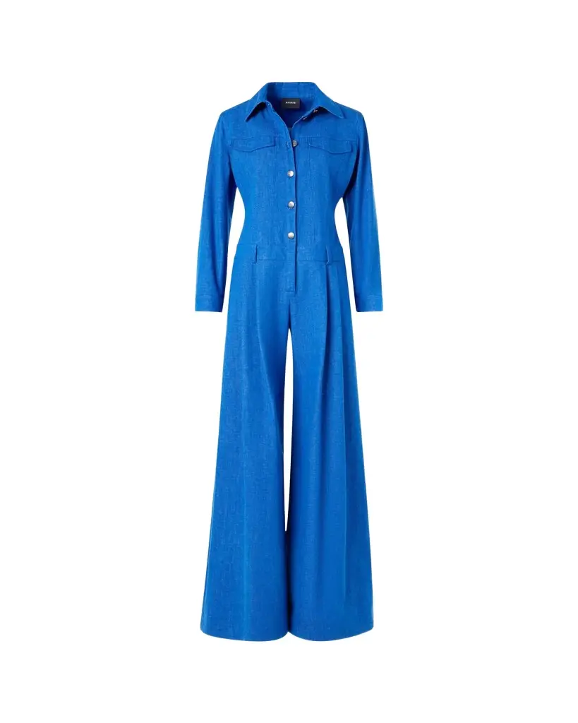 Akris Hellas Stretch Denim Wide-Leg Overall Jumpsuit | Image 1 Akris Hellas Stretch Denim Wide-Leg Overall Jumpsuit | Image 1