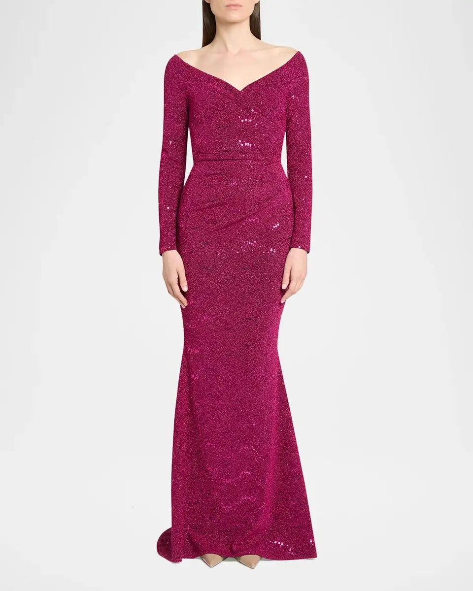 Talbot Runhof Sequined Off-Shoulder Long-Sleeve Gown | Thumbnail 2 Talbot Runhof Sequined Off-Shoulder Long-Sleeve Gown | Thumbnail 2