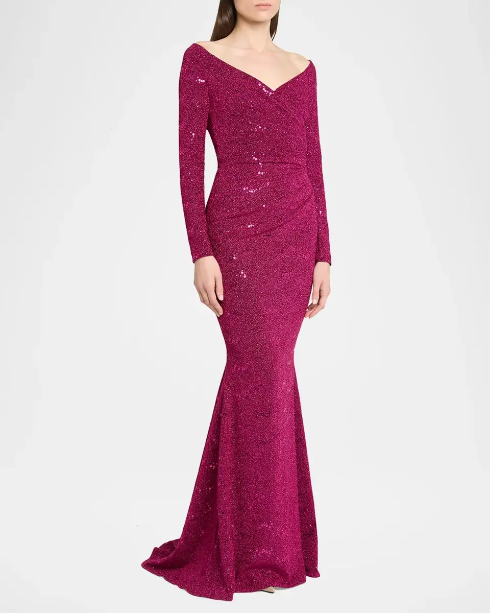 Talbot Runhof Sequined Off-Shoulder Long-Sleeve Gown | Thumbnail 4 Talbot Runhof Sequined Off-Shoulder Long-Sleeve Gown | Thumbnail 4