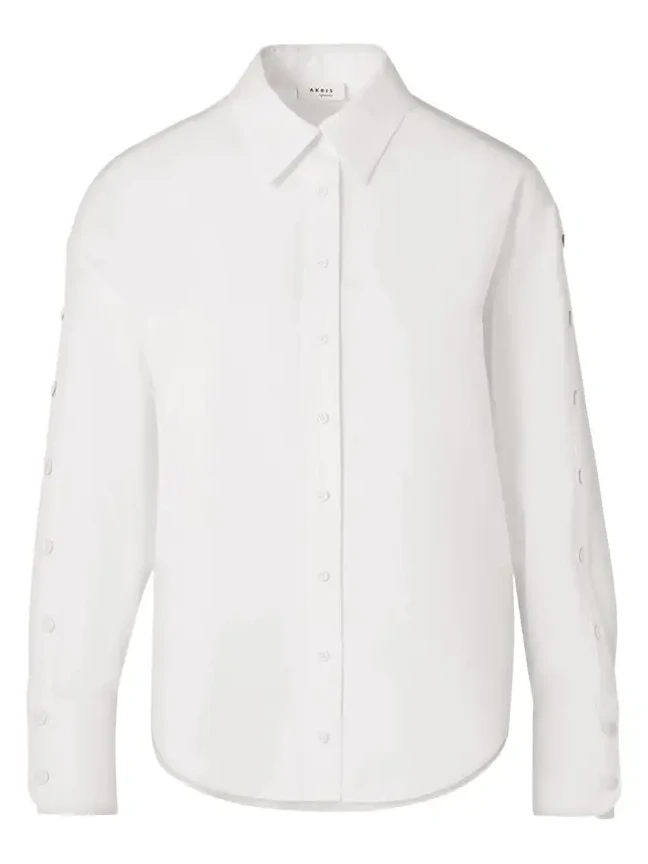 Snap-Sleeve Cotton Poplin Button-Down Blouse