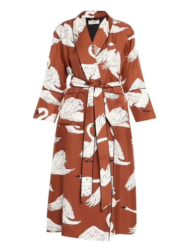 Olivia von Halle Capability Swan-Print Silk Robe