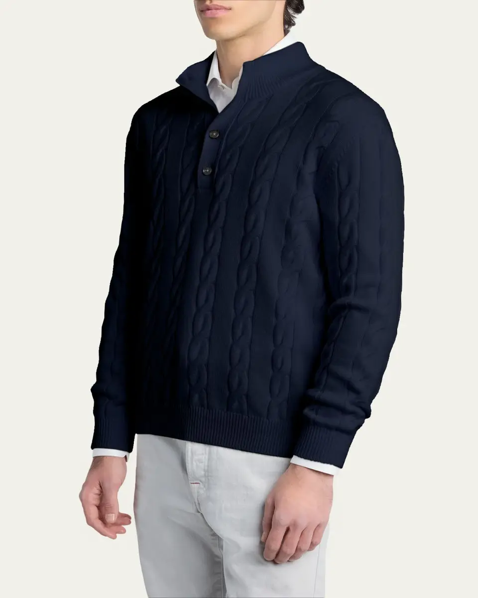 Kiton Men's 3-Ply Cashere Cable Knit Mock Neck Sweater | Thumbnail 4 Kiton Men's 3-Ply Cashere Cable Knit Mock Neck Sweater | Thumbnail 4