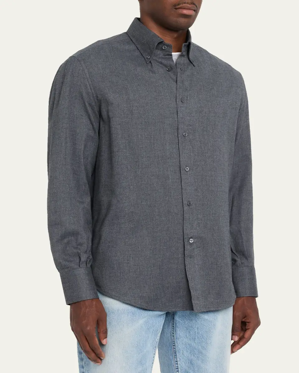 Brunello Cucinelli Men's Flannel Chevron Button-Down Shirt | Thumbnail 4 Brunello Cucinelli Men's Flannel Chevron Button-Down Shirt | Thumbnail 4