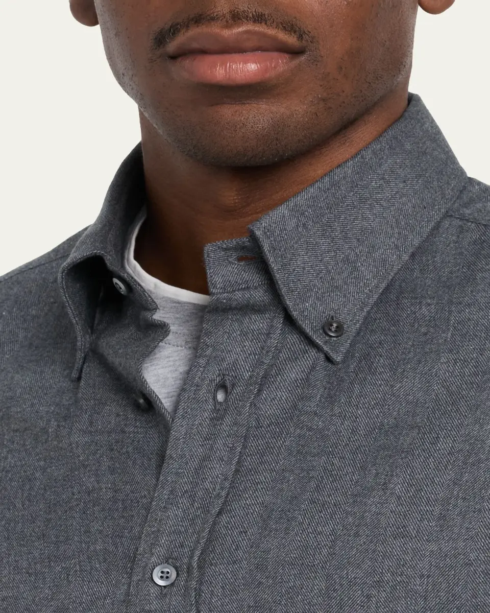 Brunello Cucinelli Men's Flannel Chevron Button-Down Shirt | Thumbnail 5 Brunello Cucinelli Men's Flannel Chevron Button-Down Shirt | Thumbnail 5
