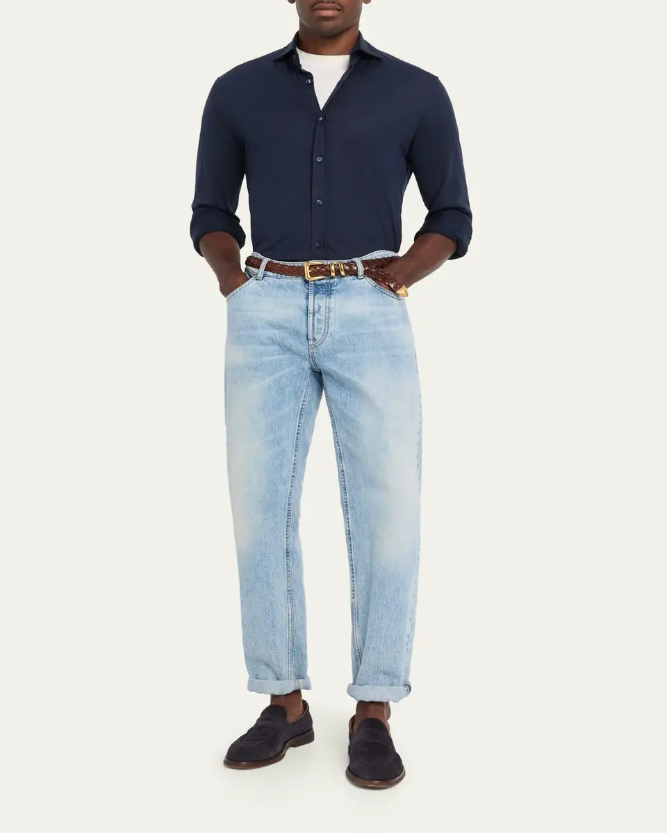 Brunello Cucinelli Men's Silk and Cotton Jersey Long-Sleeve Polo Shirt | Thumbnail 2 Brunello Cucinelli Men's Silk and Cotton Jersey Long-Sleeve Polo Shirt | Thumbnail 2