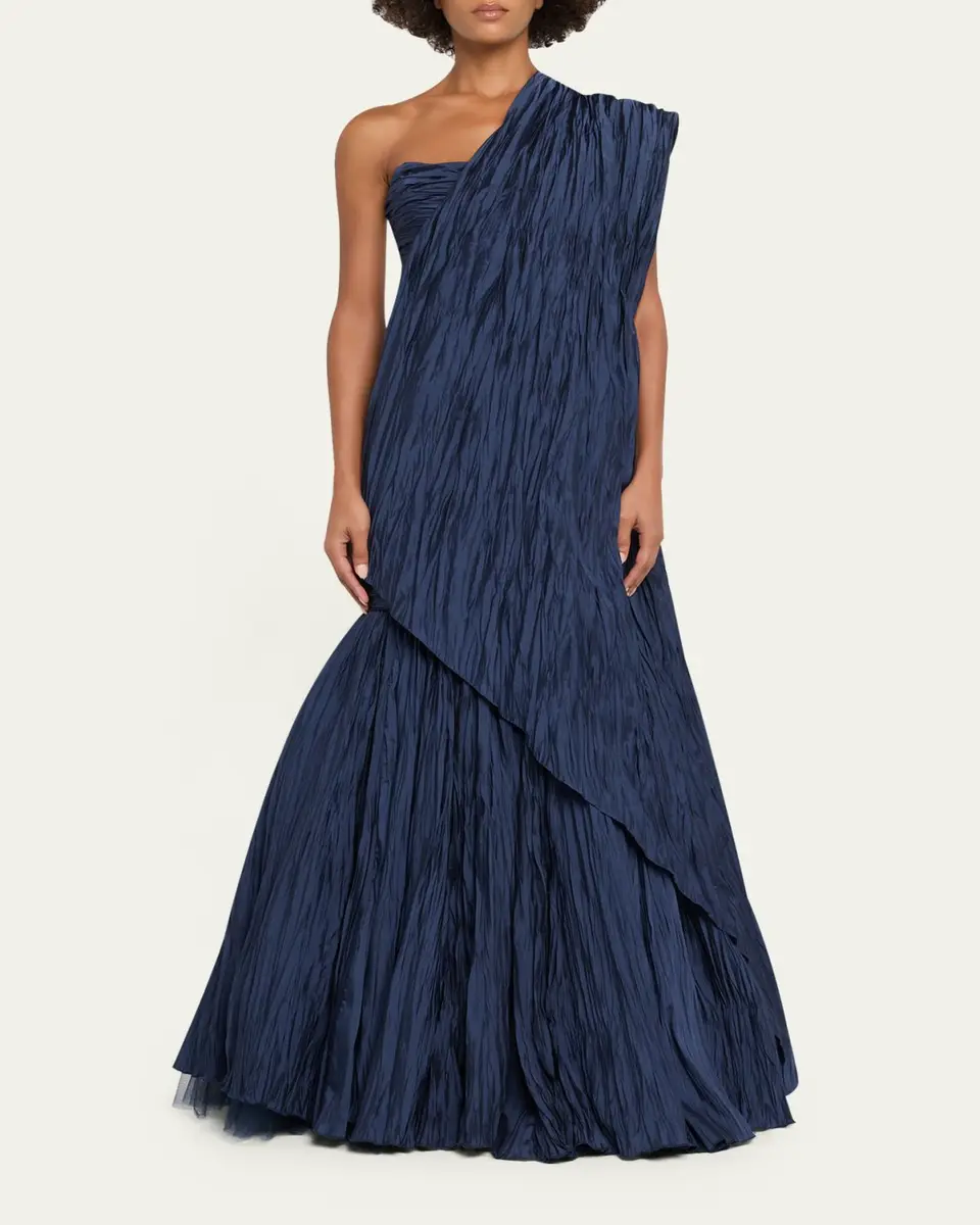 Marmar Halim One-Shoulder Drape Pleated Satin Trumpet Gown | Thumbnail 2 Marmar Halim One-Shoulder Drape Pleated Satin Trumpet Gown | Thumbnail 2