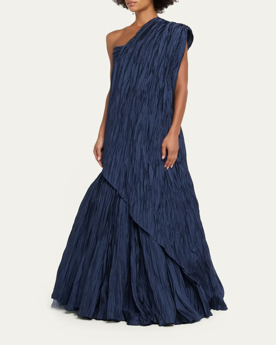 Marmar Halim One-Shoulder Drape Pleated Satin Trumpet Gown | Thumbnail 4 Marmar Halim One-Shoulder Drape Pleated Satin Trumpet Gown | Thumbnail 4