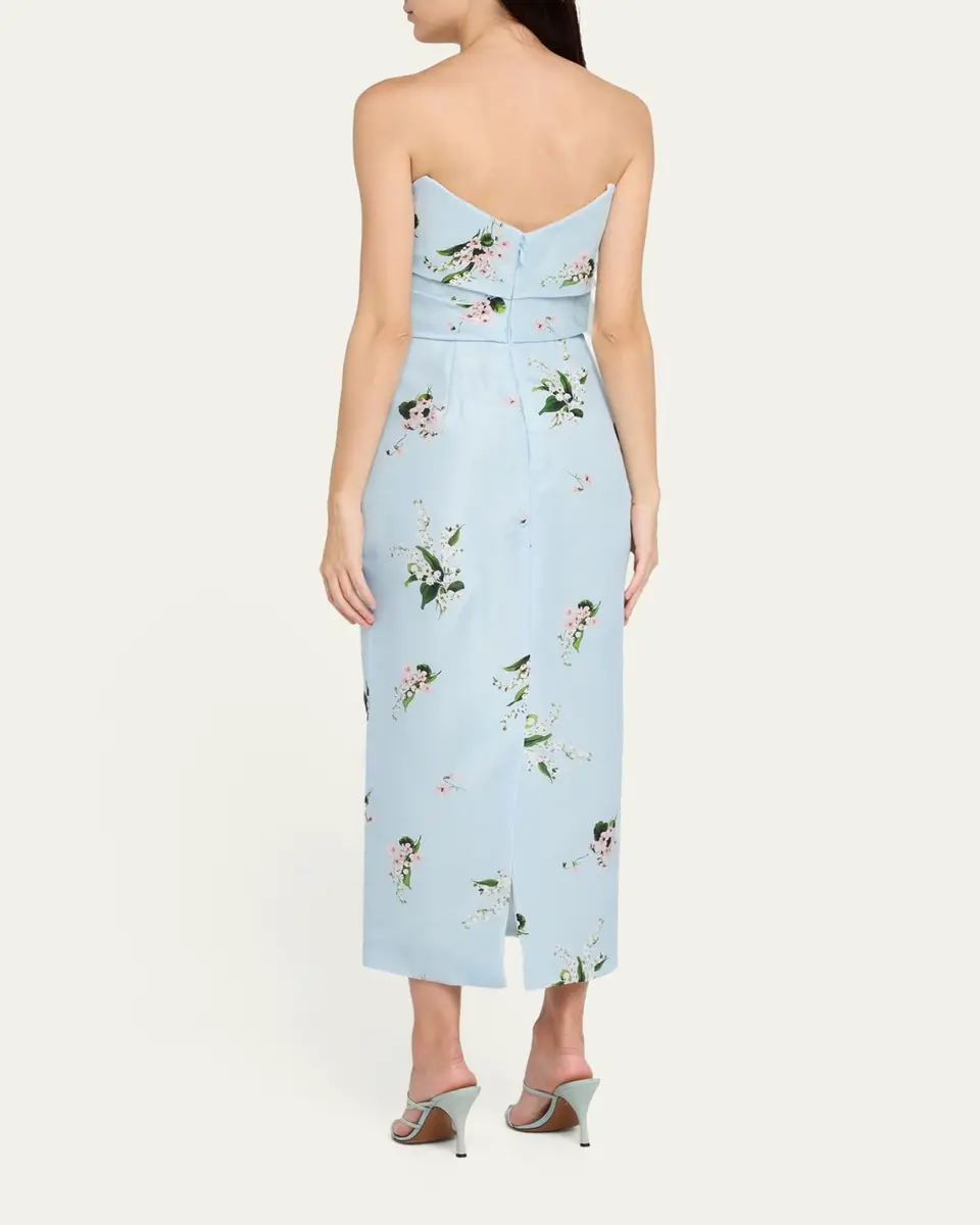 MONIQUE LHUILLIER Strapless Posie Print Silk Midi Cocktail Dress | Thumbnail 3 MONIQUE LHUILLIER Strapless Posie Print Silk Midi Cocktail Dress | Thumbnail 3