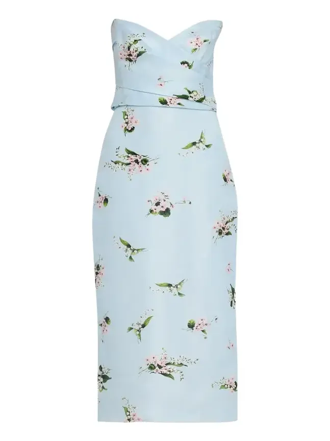 Strapless Posie Print Silk Midi Cocktail Dress