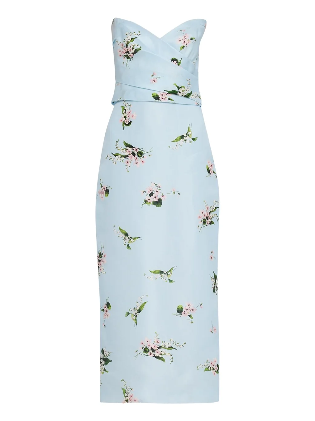 MONIQUE LHUILLIER Strapless Posie Print Silk Midi Cocktail Dress