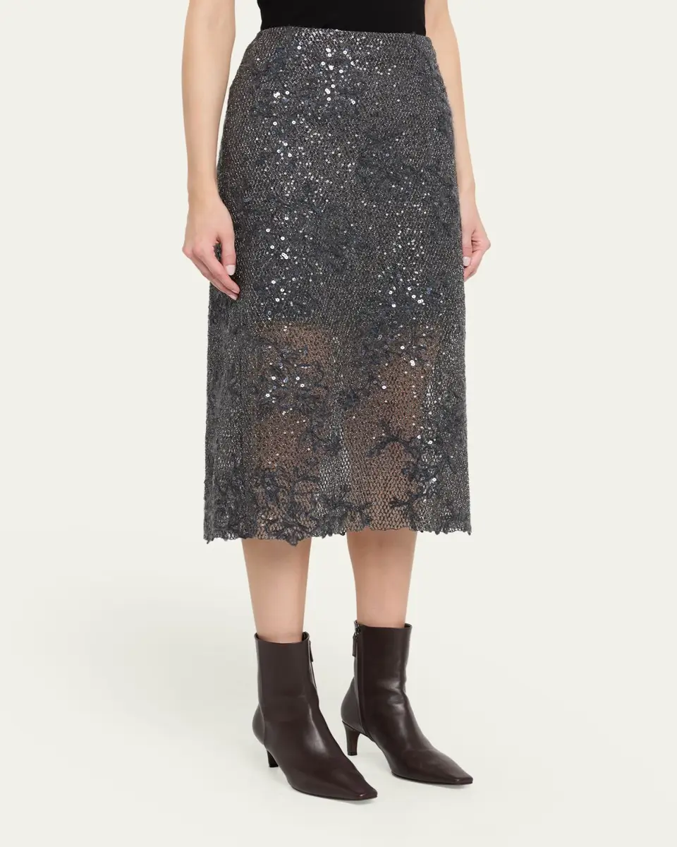 Brunello Cucinelli Lace Glow Embroidered Midi Skirt | Thumbnail 4 Brunello Cucinelli Lace Glow Embroidered Midi Skirt | Thumbnail 4