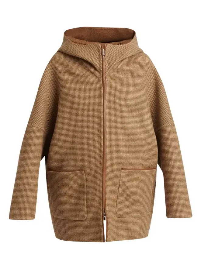 Houndstooth Wool-Cashmere Hooded Overcoat