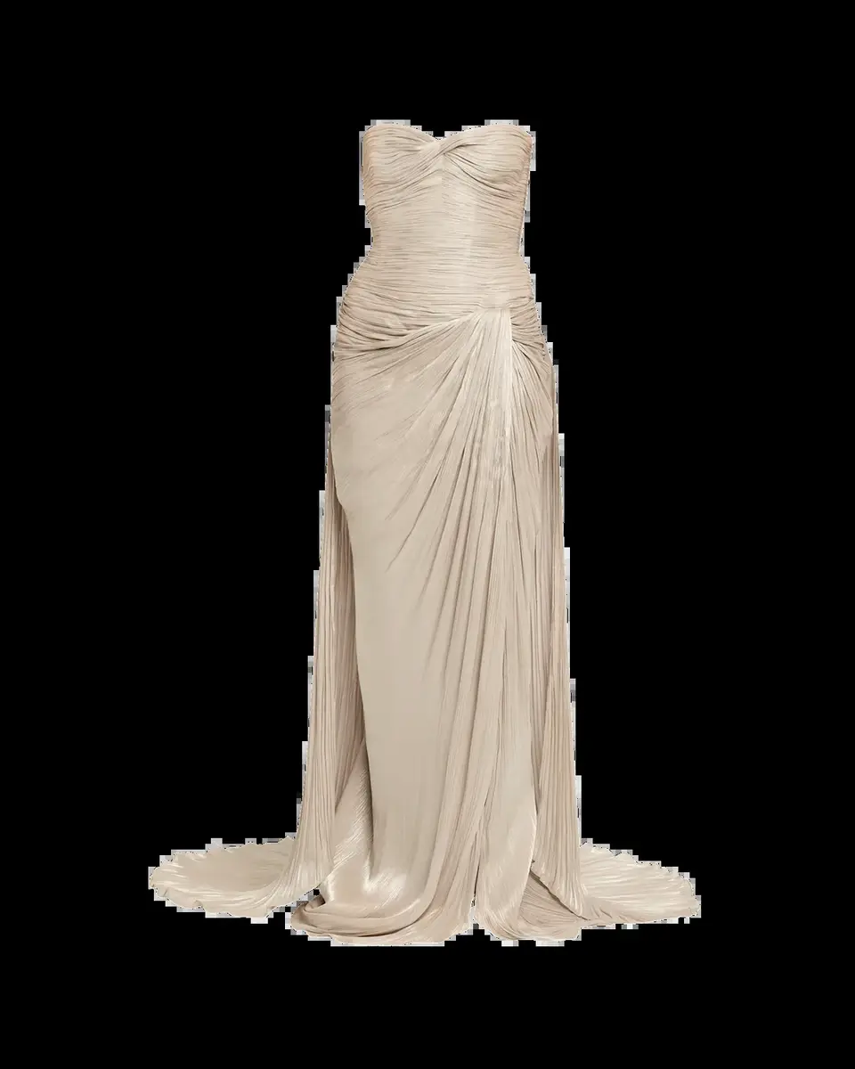 Marmar Halim Strapless Metallic Plisse Draped Slit Gown | Thumbnail 2