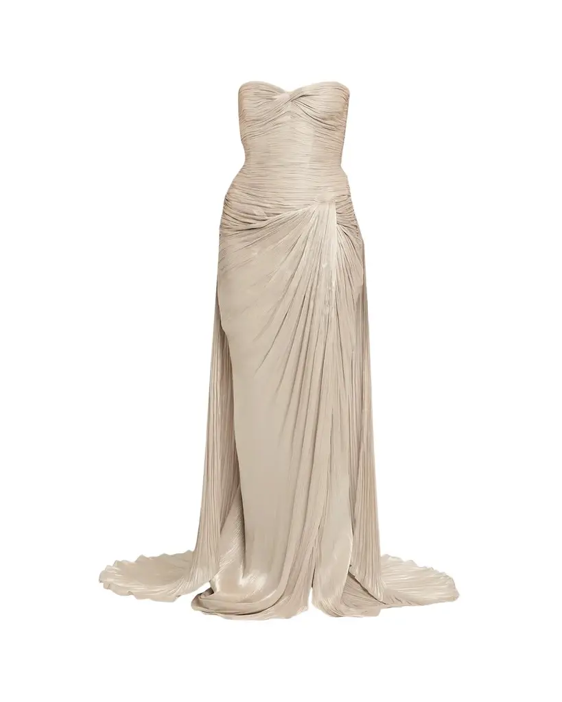 MARMAR HALIM Strapless Metallic Plisse Draped Slit Gown | Image 1 MARMAR HALIM Strapless Metallic Plisse Draped Slit Gown | Image 1