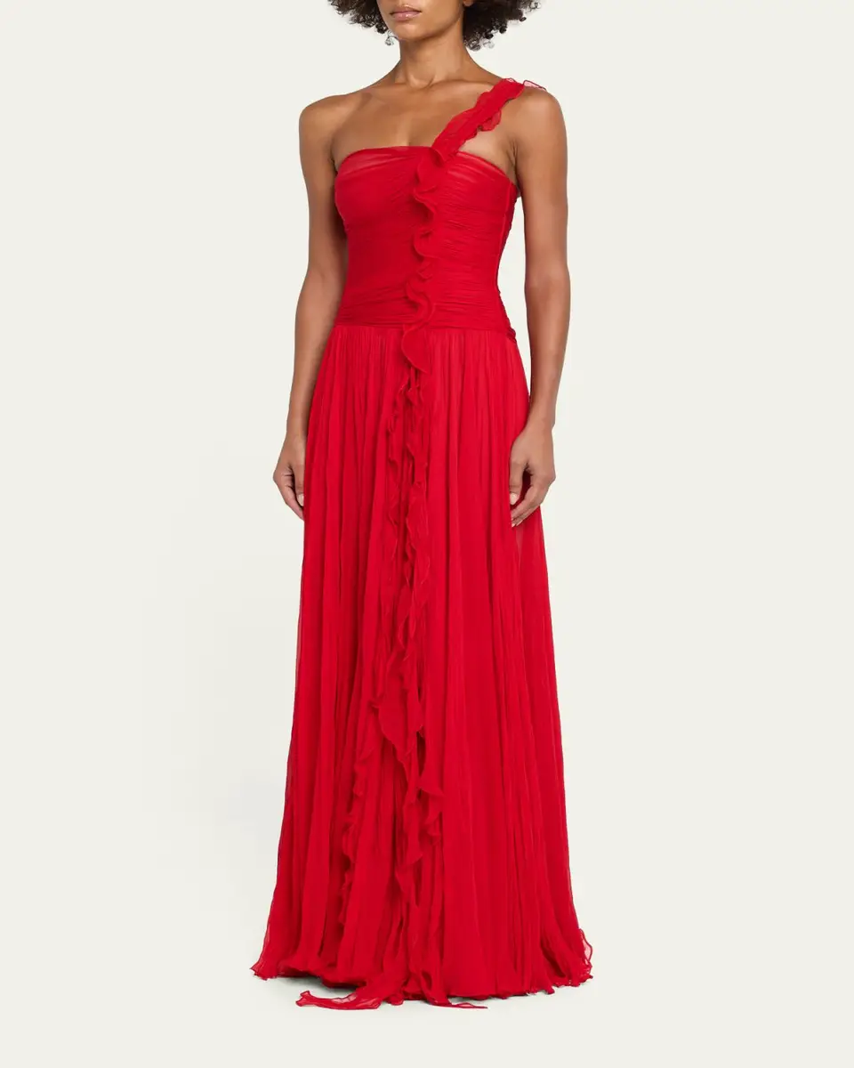 Marmar Halim One-Shoulder Silk Georgette Ruffle Gown | Thumbnail 4 Marmar Halim One-Shoulder Silk Georgette Ruffle Gown | Thumbnail 4