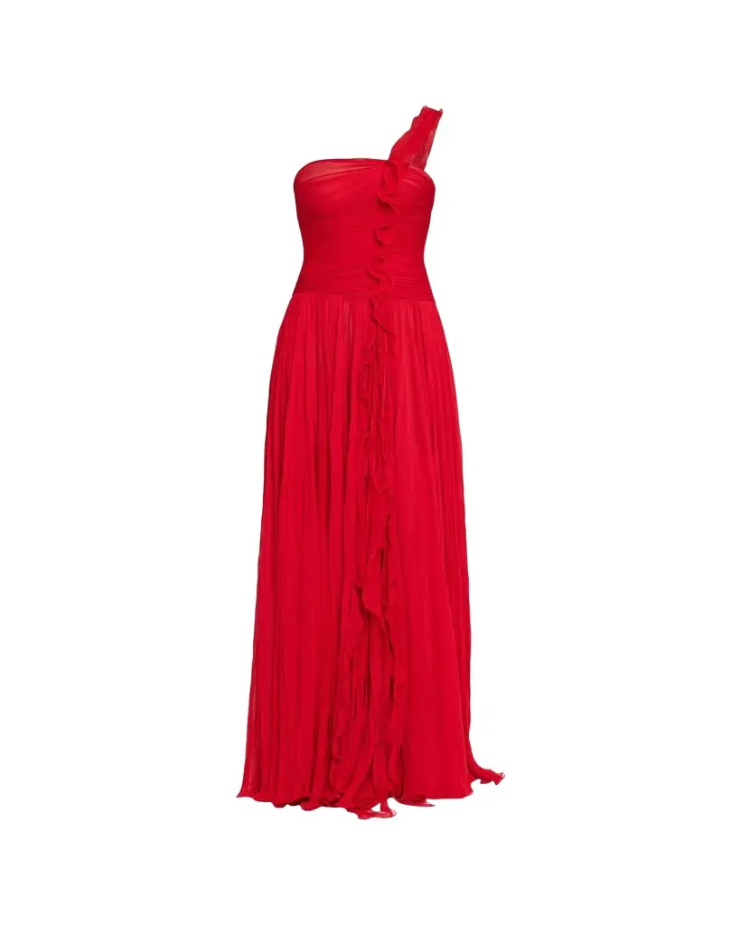 Marmar Halim One-Shoulder Silk Georgette Ruffle Gown | Image 1 Marmar Halim One-Shoulder Silk Georgette Ruffle Gown | Image 1