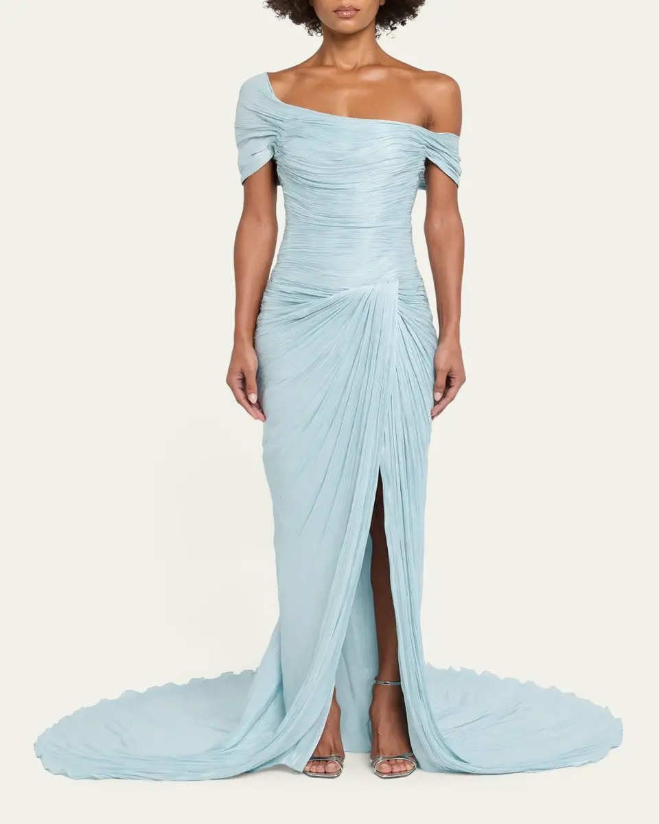 Marmar Halim Off-The-Shoulder Pleated Satin Twisted Slit Gown | Thumbnail 2 Marmar Halim Off-The-Shoulder Pleated Satin Twisted Slit Gown | Thumbnail 2