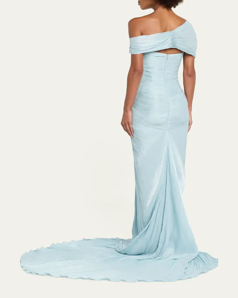 Marmar Halim Off-The-Shoulder Pleated Satin Twisted Slit Gown | Thumbnail 3 Marmar Halim Off-The-Shoulder Pleated Satin Twisted Slit Gown | Thumbnail 3