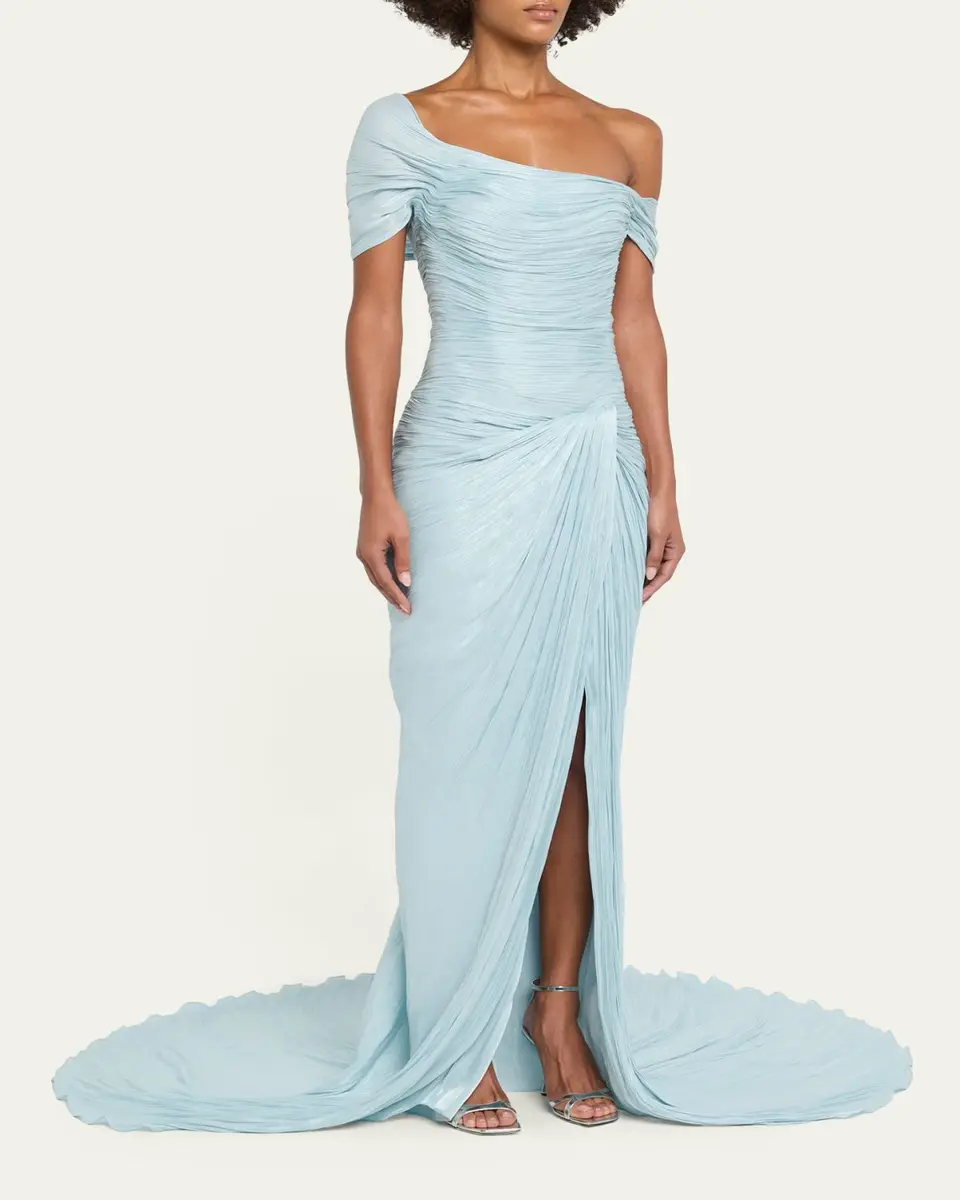 Marmar Halim Off-The-Shoulder Pleated Satin Twisted Slit Gown | Thumbnail 4 Marmar Halim Off-The-Shoulder Pleated Satin Twisted Slit Gown | Thumbnail 4