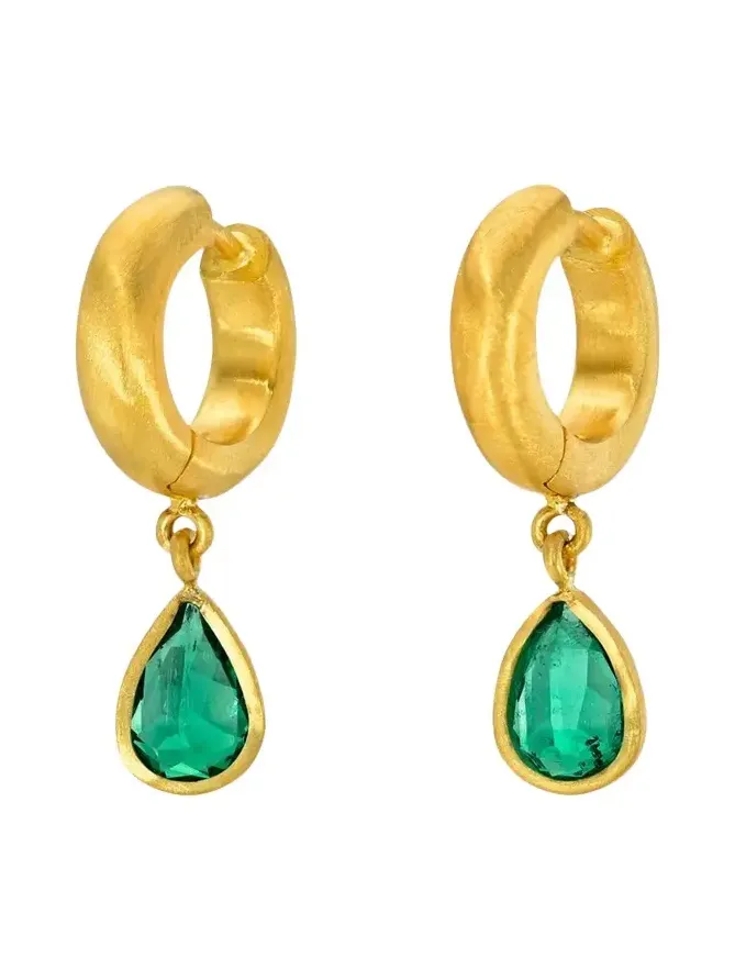18K Yellow Gold Emerald Drop Hoop Earrings 18K Yellow Gold Emerald Drop Hoop Earrings