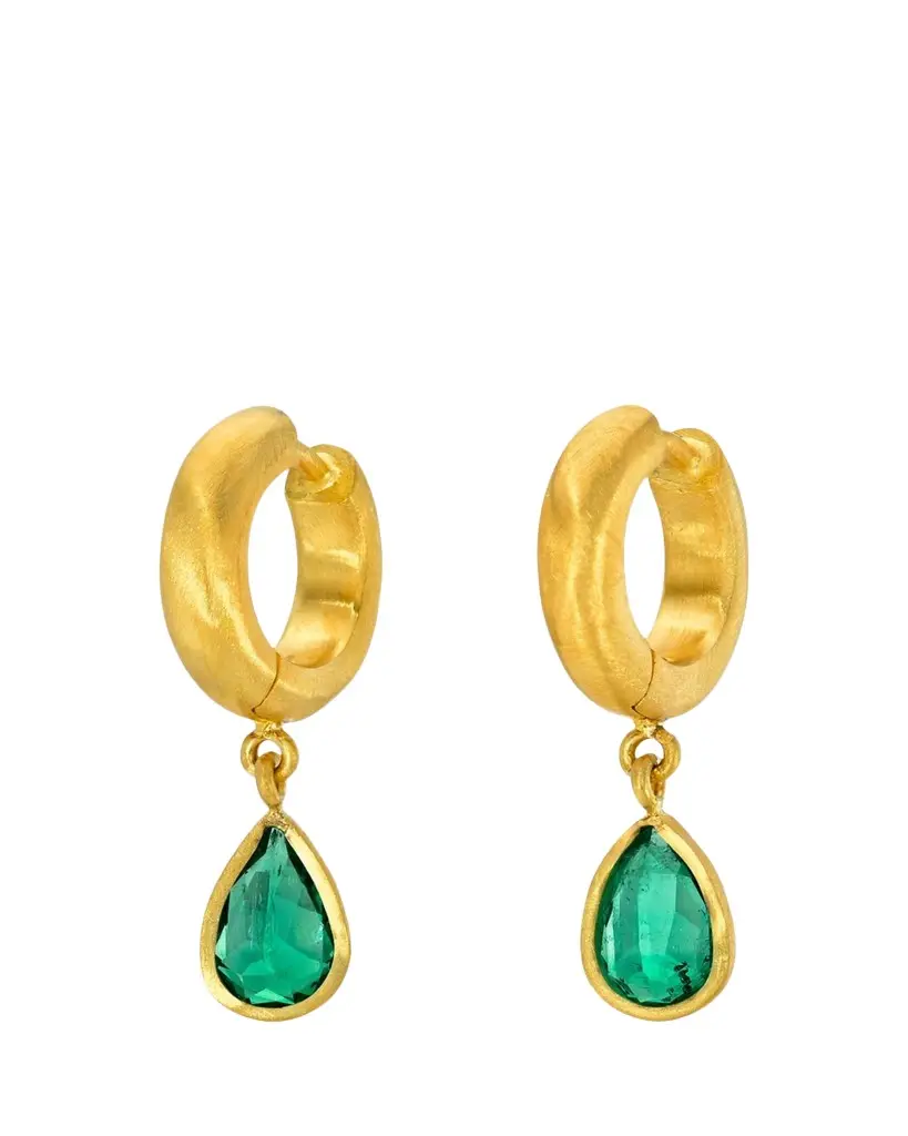 DARIUS 18K Yellow Gold Emerald Drop Hoop Earrings | Image 1 DARIUS 18K Yellow Gold Emerald Drop Hoop Earrings | Image 1