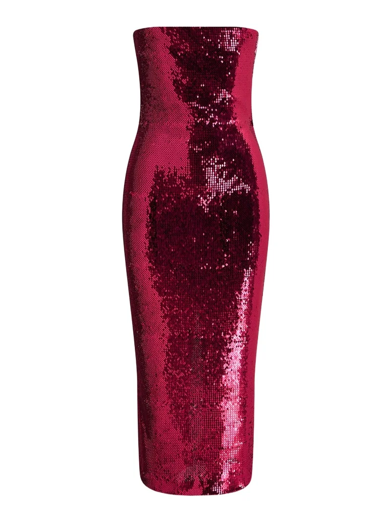 Strapless Sequined Mesh Midi Cocktail Dress Strapless Sequined Mesh Midi Cocktail Dress