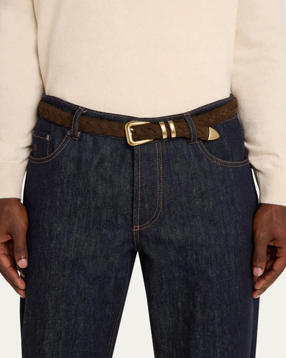 Brunello Cucinelli Men's Braided Suede Gold-Tone Trim Belt | Thumbnail 2