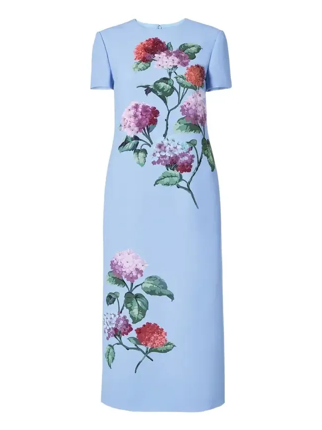 Hydrangea-Print Crepe Short-Sleeve Ankle Dress Hydrangea-Print Crepe Short-Sleeve Ankle Dress